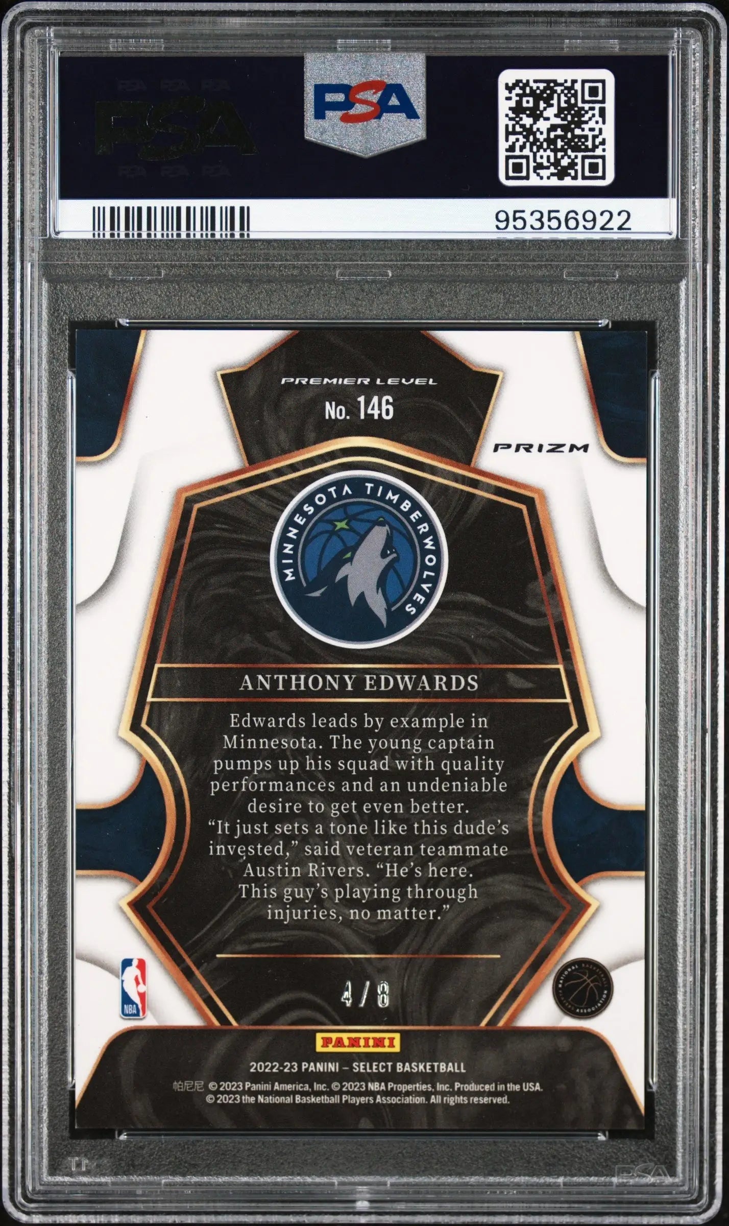 Back side of Anthony Edwards Panini Select trading card with Minnesota Timberwolves logo