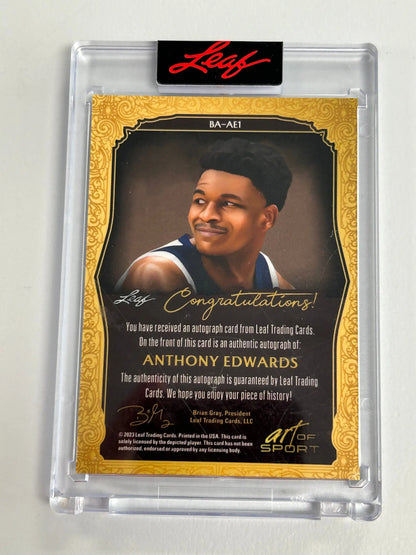 Anthony Edwards 2023 Leaf Art of Sport Autograph Blue card in protective case