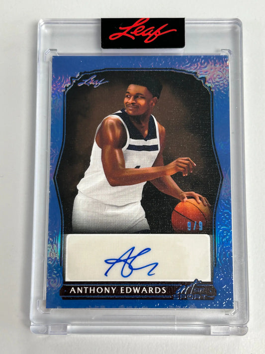 Basketball trading card of Anthony Edwards in white jersey, Sport Autograph Blue from Leaf Art