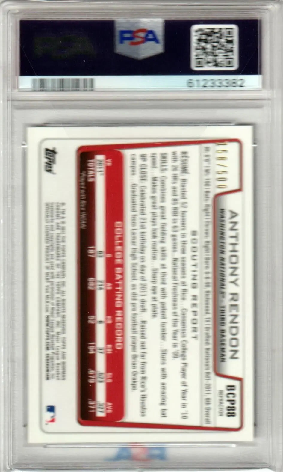 Graded anthony rendon single baseball card from Bowman Prospects Chrome series by Columbia Hobby