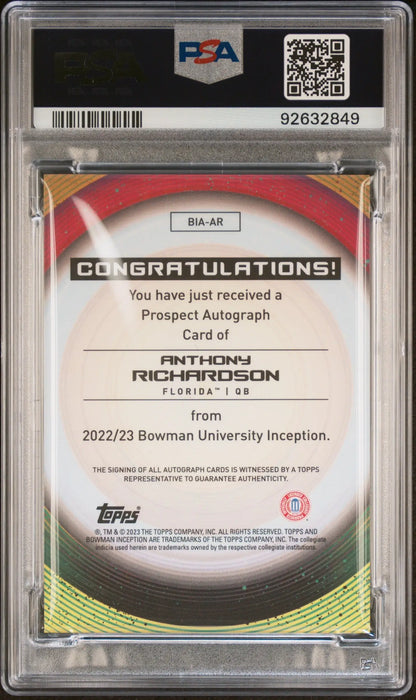 PSA-graded Anthony Richardson 2022 Bowman U Inception Gold Auto trading card