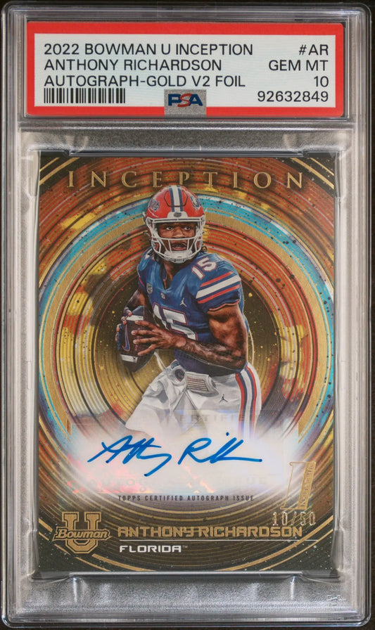PSA 10 Gem Mint Anthony Richardson 2022 Bowman U Inception Gold Auto in blue orange uniform