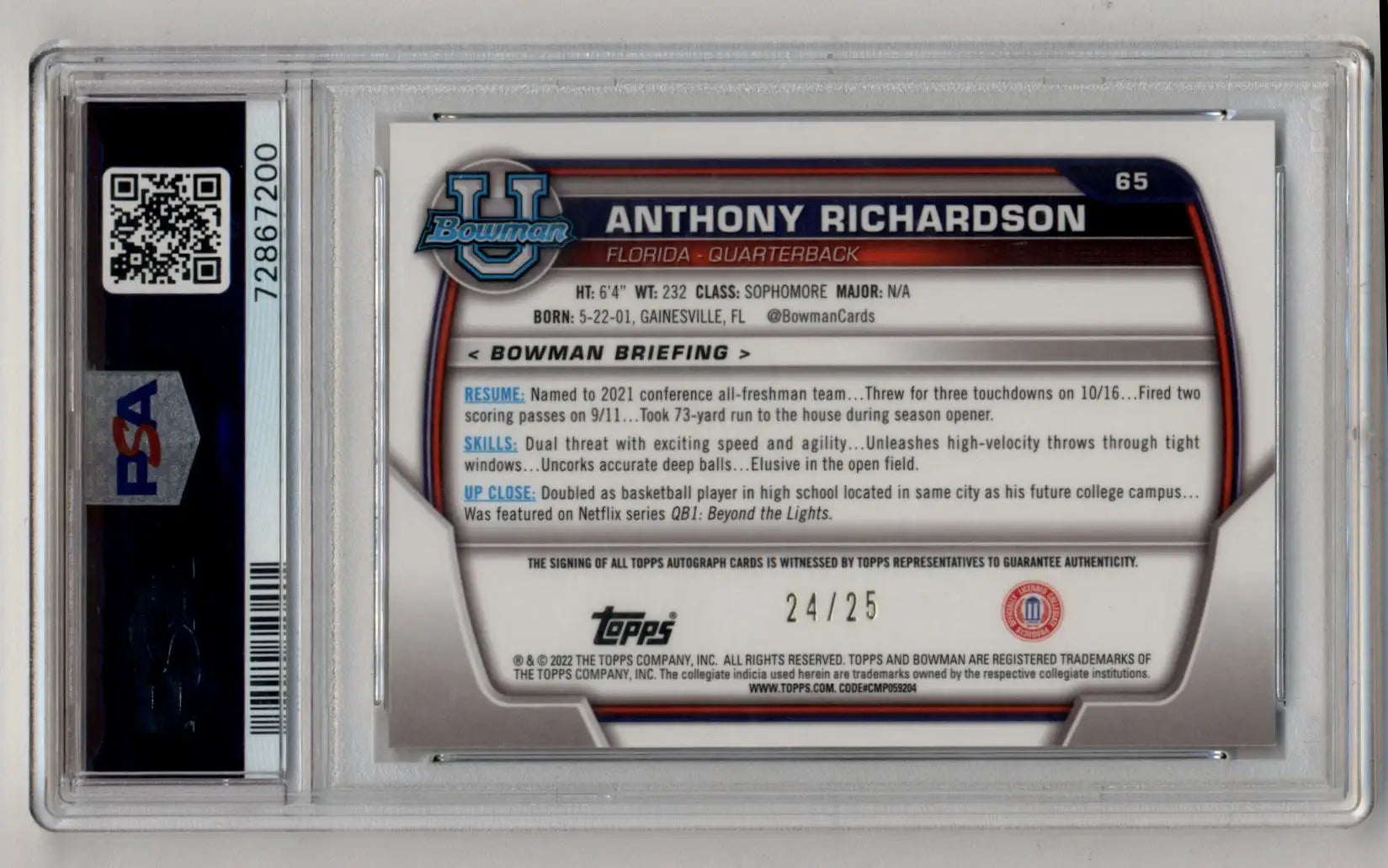 Anthony Richardson 2022 Bowman University Chrome Prospects 24/25 SP Auto PSA 9 Mint - Singles