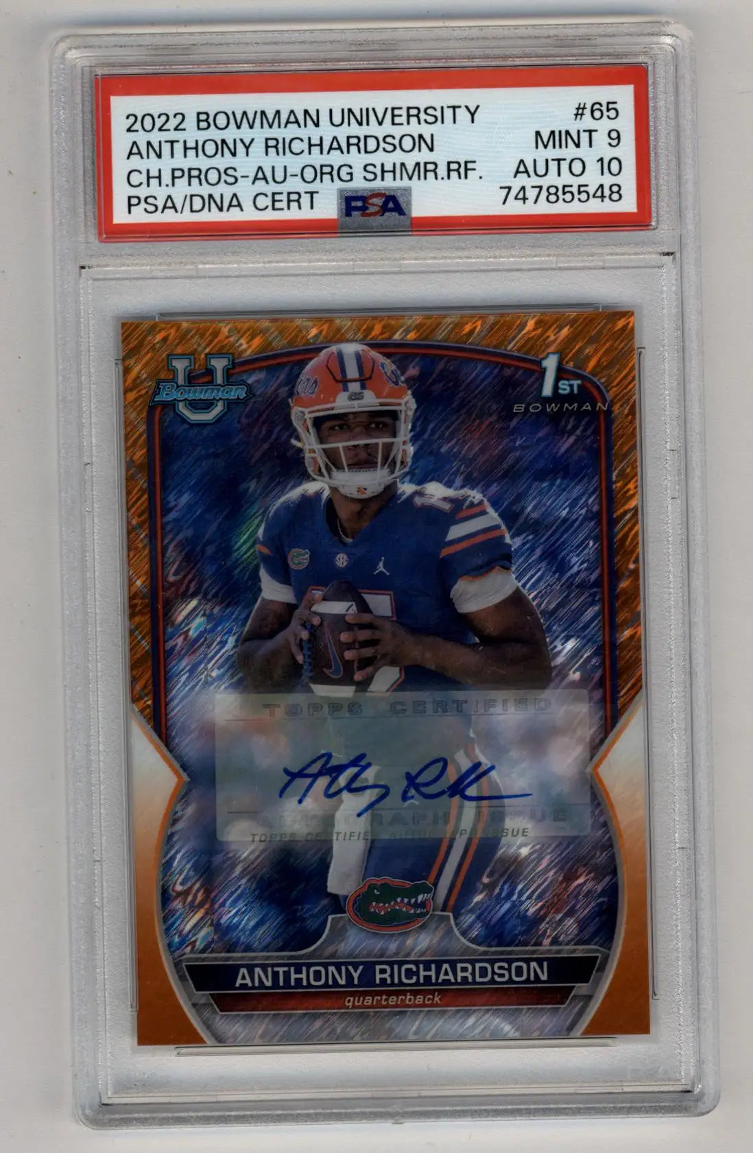 Anthony Richardson 2022 Bowman University Orange Shimmer Refractor Auto 17/25 PSA 9 Mint Auto 10 - Singles