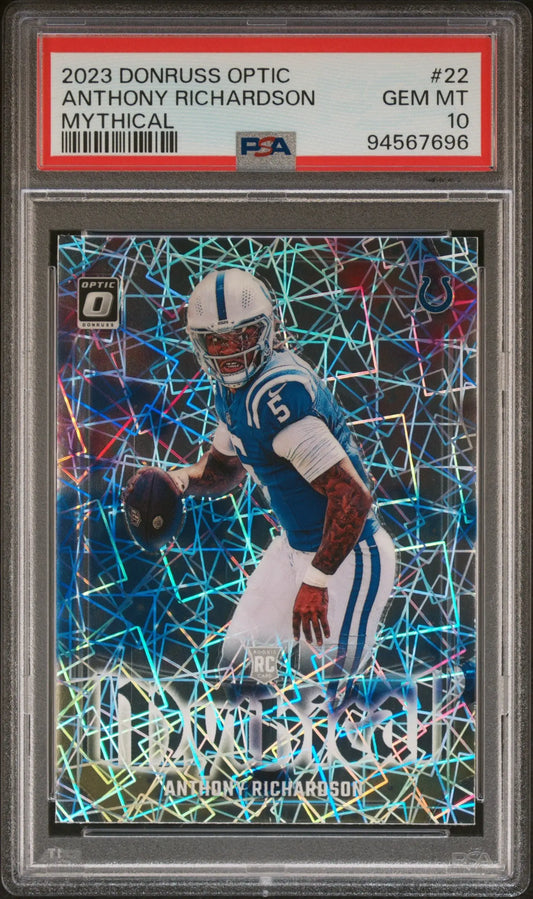 PSA 10 Gem Mint Anthony Richardson 2023 Donruss Optic Mythical football card in cracked ice