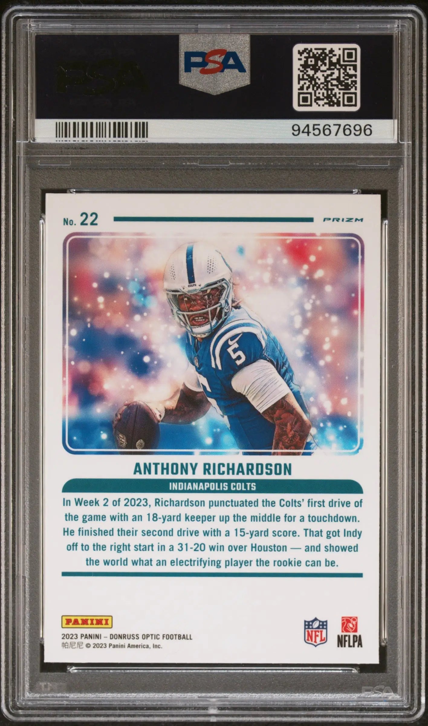 PSA-graded Anthony Richardson Donruss Optic Mythical card on a patriotic background