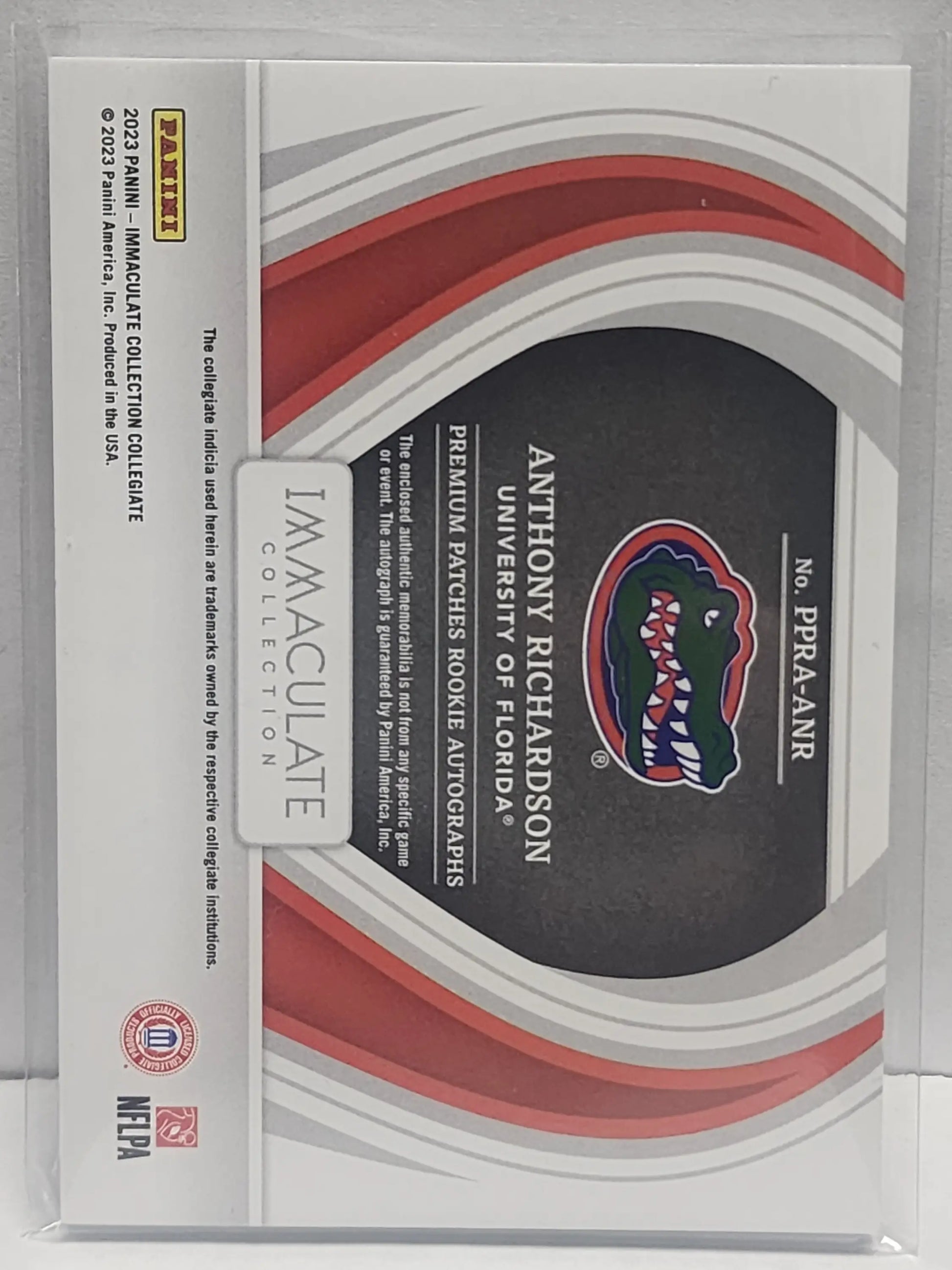 Trading card showcasing Florida Gators logo in Panini Immaculate Collegiate Emerald Patch design