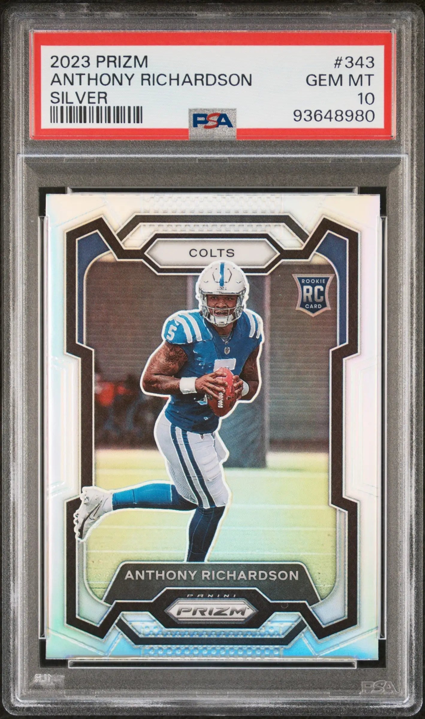 A graded 2023 Panini Prizm Anthony Richardson Silver Rookie football card PSA 10