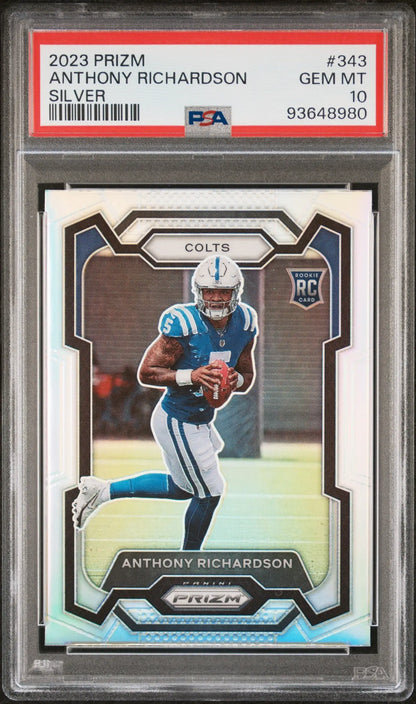 A graded 2023 Panini Prizm Anthony Richardson Silver Rookie football card PSA 10