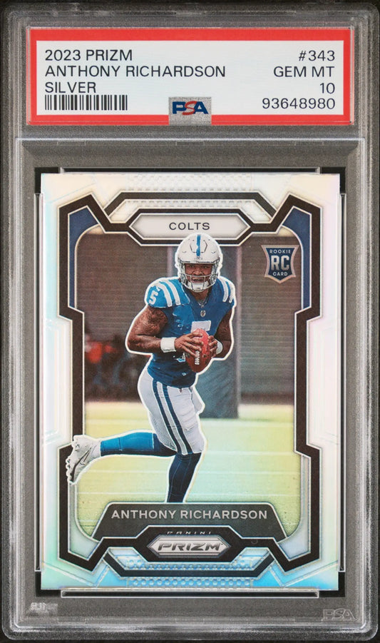 A graded 2023 Panini Prizm Anthony Richardson Silver Rookie football card PSA 10