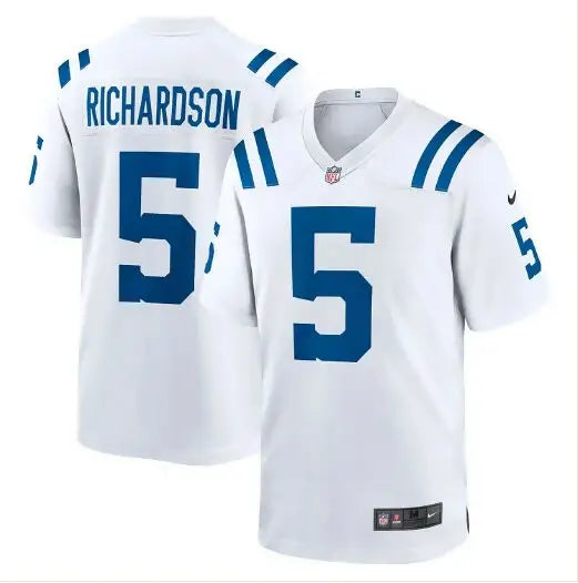 White Indianapolis Colts football jersey with blue stripes and number 5 for Anthony Richardson