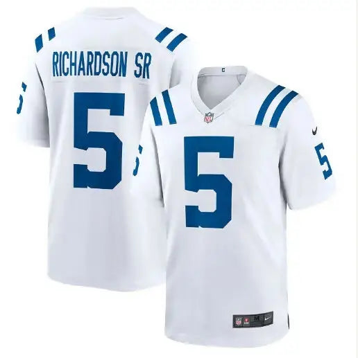 White Indianapolis Colts Anthony Richardson Sr jersey with blue RICHARDSON SR and number 5