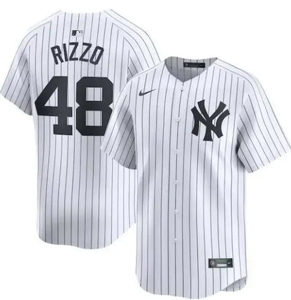 White pinstripe baseball jersey from the Anthony Rizzo New York Yankees Nike Home Limited Player Jersey collection
