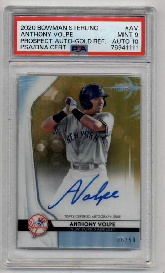 Graded Anthony Volpe baseball card featuring Sterling Prospect Gold Refractor Auto 06/50