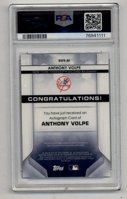 Anthony Volpe graded autograph card featuring Sterling Prospect Gold Refractor auto