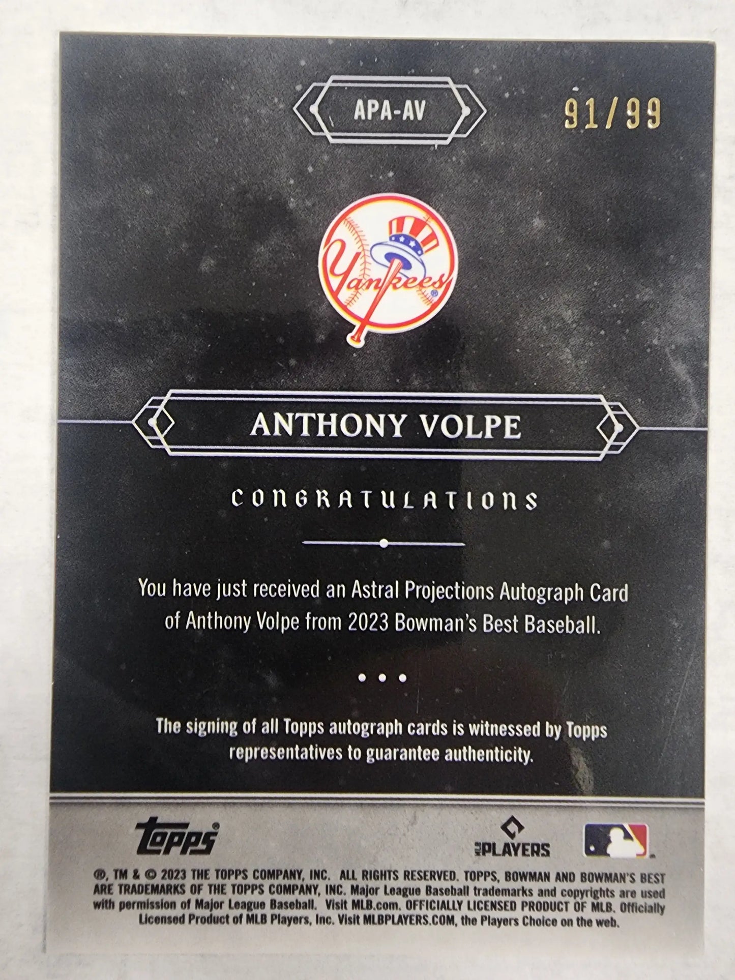 Autographed Anthony Volpe baseball card from Bowmans Best Astral Projections Auto 91/99