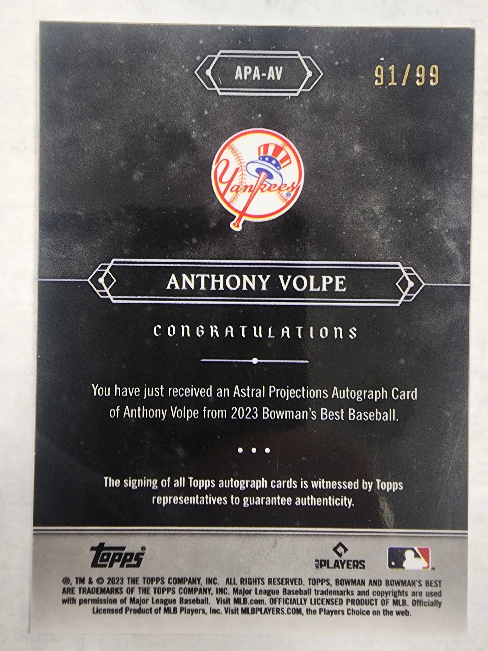 Autographed Anthony Volpe baseball card from Bowmans Best Astral Projections Auto 91/99
