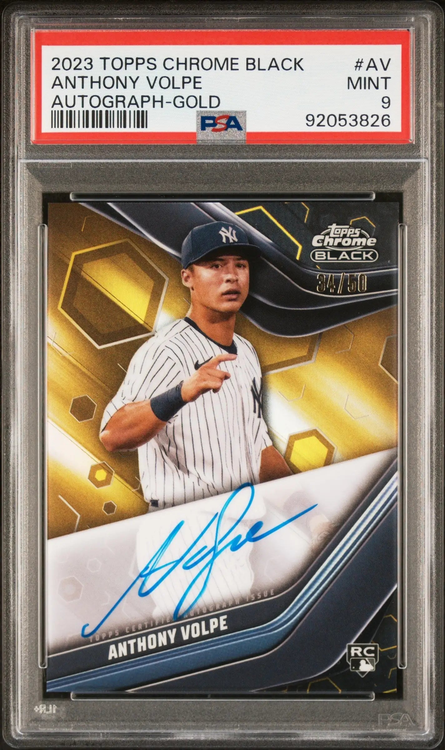 PSA-graded 2023 Topps Chrome Black Gold Auto Anthony Volpe baseball card Mint 9