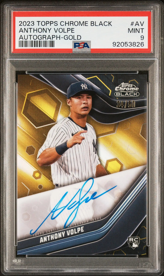 PSA-graded 2023 Topps Chrome Black Gold Auto Anthony Volpe baseball card Mint 9