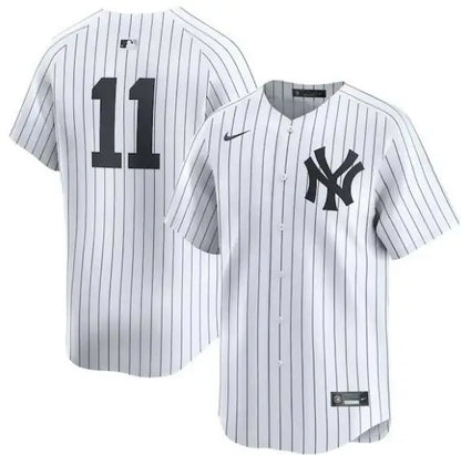 Pinstriped New York Yankees baseball jersey displayed in Anthony Volpe Nike Home Limited Player Jersey white