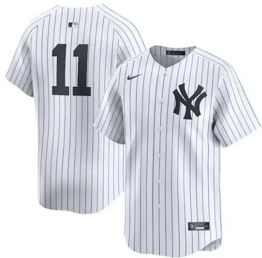 Pinstriped New York Yankees baseball jersey displayed in Anthony Volpe Nike Home Limited Player Jersey white