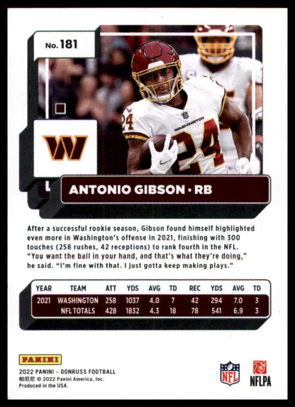 Antonio Gibson football card from 2022 Donruss Washington Commanders series