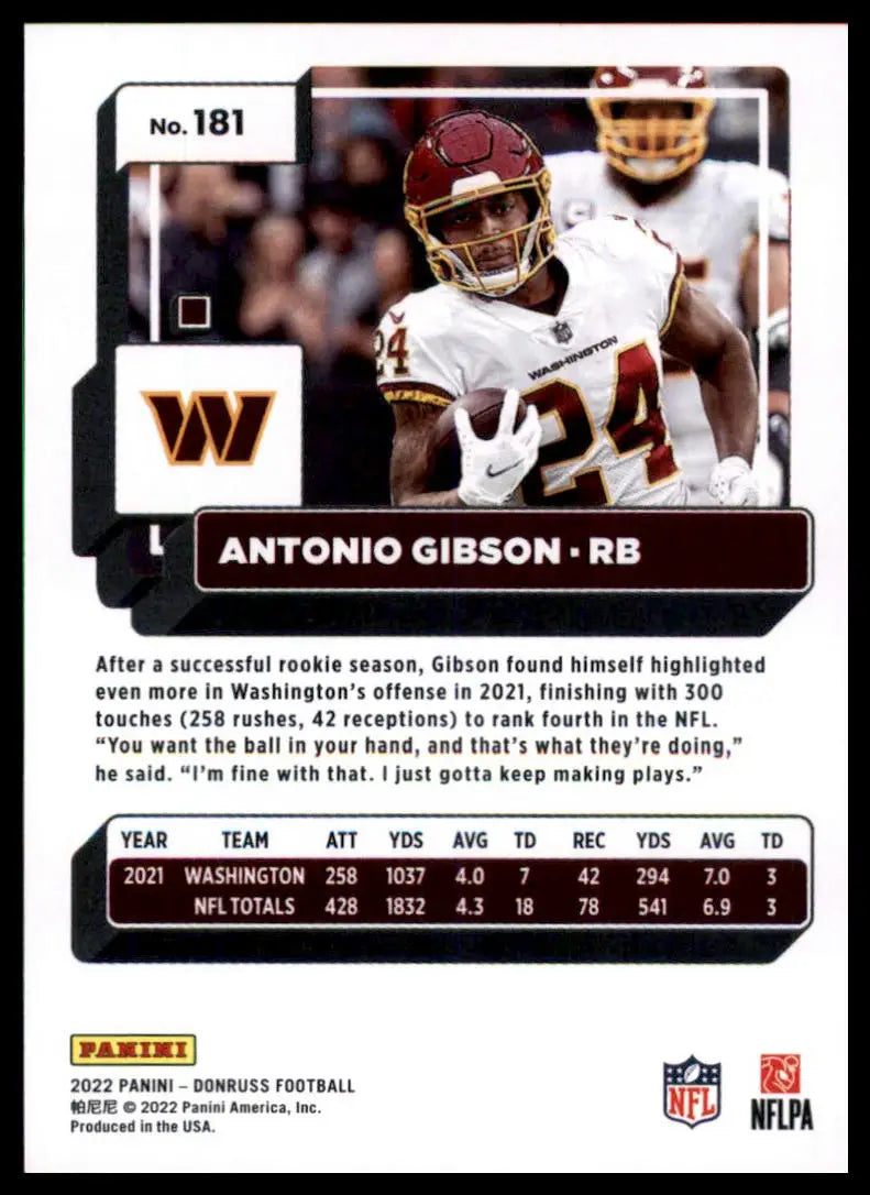 Antonio Gibson football card from 2022 Donruss set featuring Washington Commanders