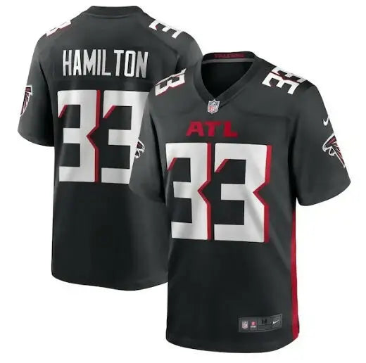 Black Atlanta Falcons football jersey featuring Antonio Hamilton Nike Game Jersey design