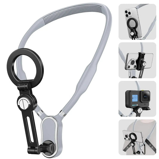 Gray neck phone holder for hands-free recording and self-portraits with cell phone or GoPro
