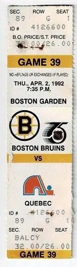 Boston Bruins hockey ticket stub from April 2, 1992, at Stub Garden NHL