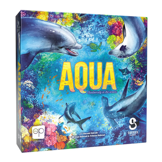 Board game box for AQUA with dolphins, coral reefs, and animal tiles design