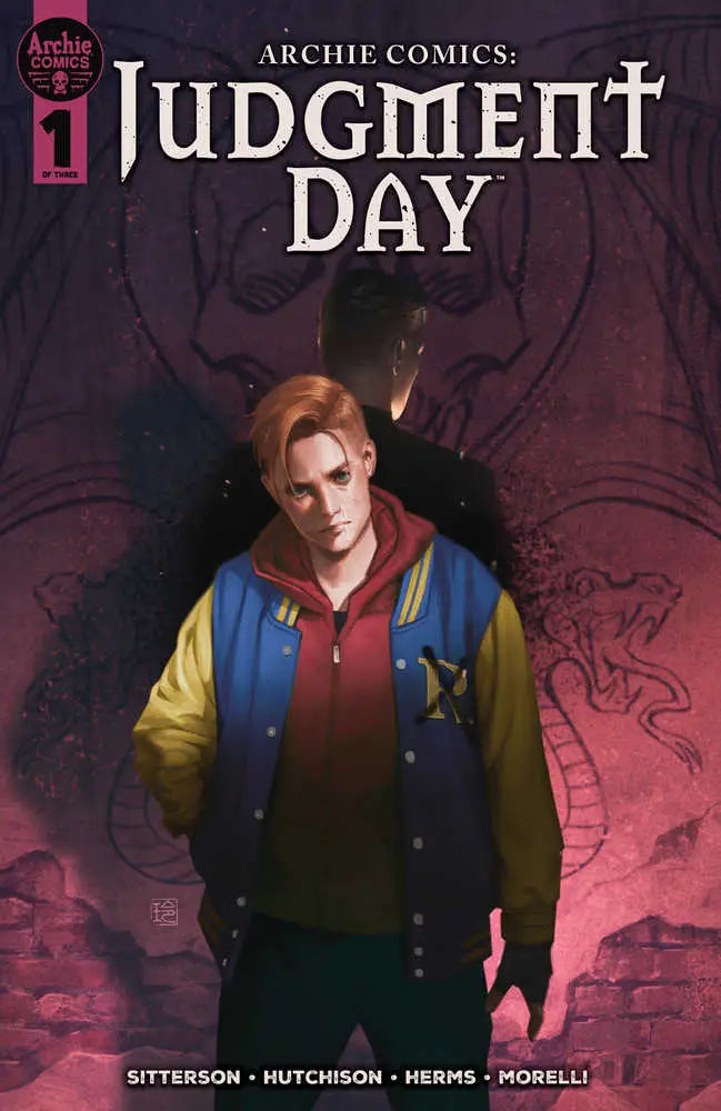Comic book cover for Archie Comics Judgment Day #1 with a varsity jacket and dark background