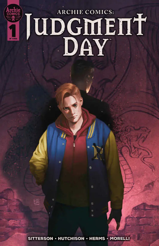 Comic book cover for Archie Comics Judgment Day #1 with a varsity jacket and dark background
