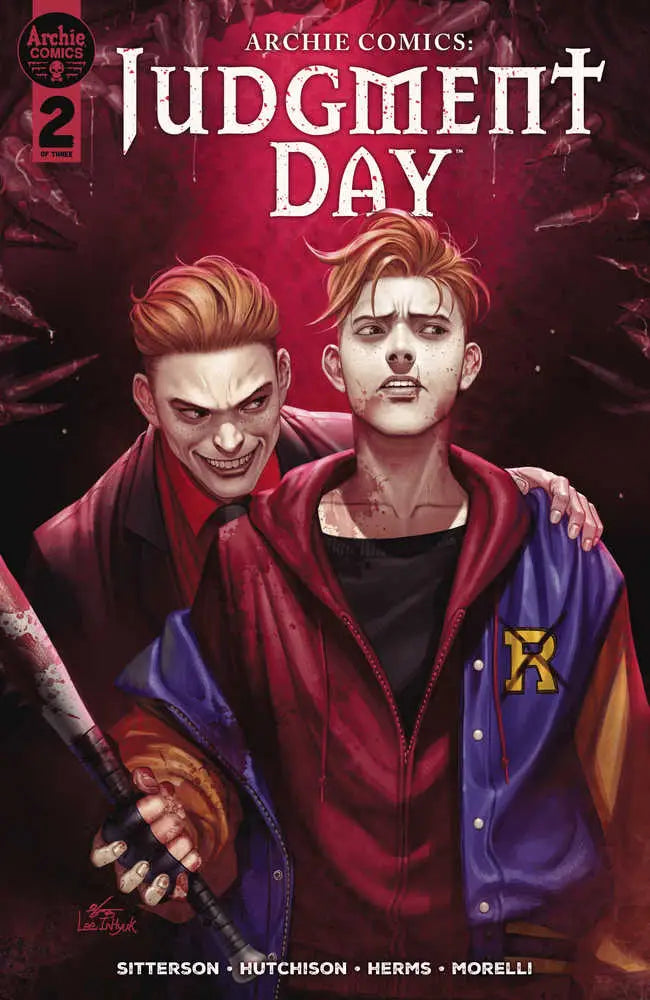 Comic book cover of Archie Comics Judgment Day with characters in red and purple jackets