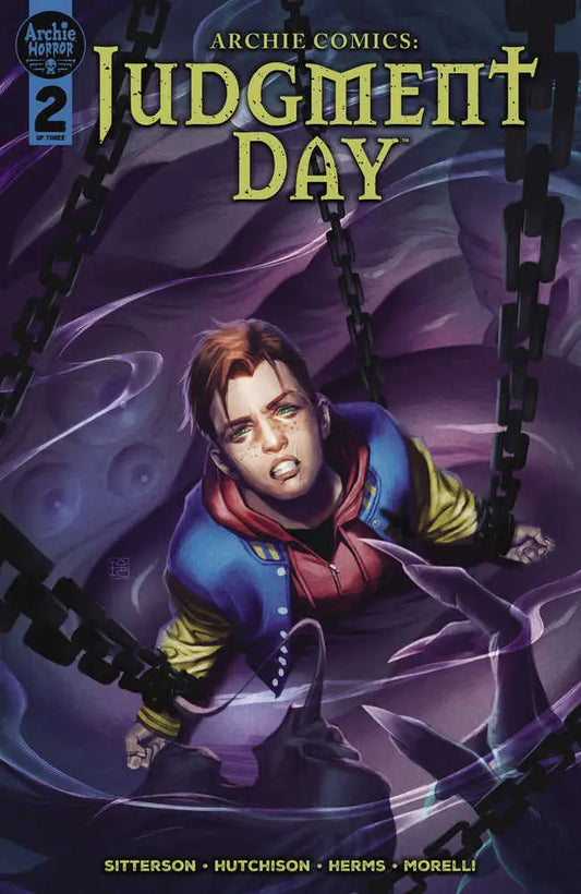 Comic book cover of Archie Comics Judgment Day featuring vibrant superhero art against purple