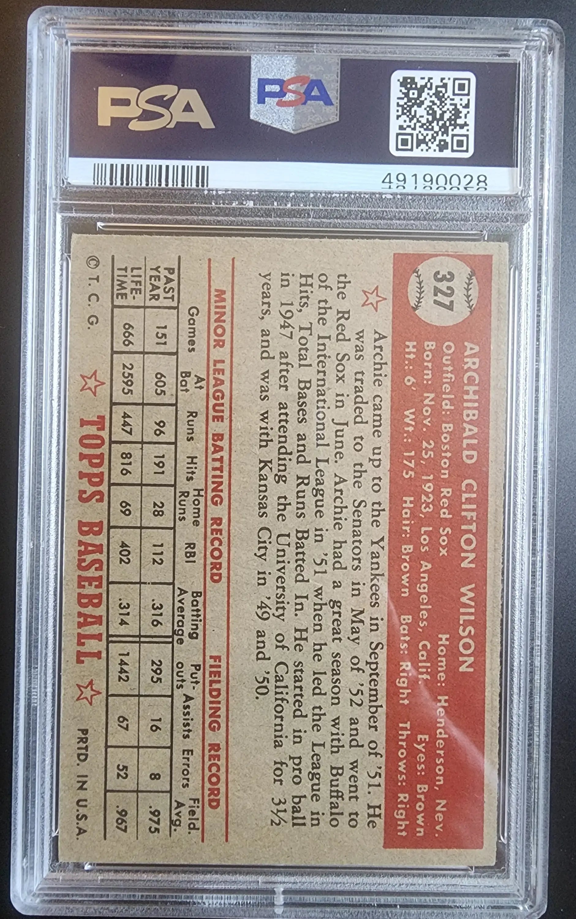 Archie Wilson 1952 Topps #327 PSA 5 vintage baseball card in protective case