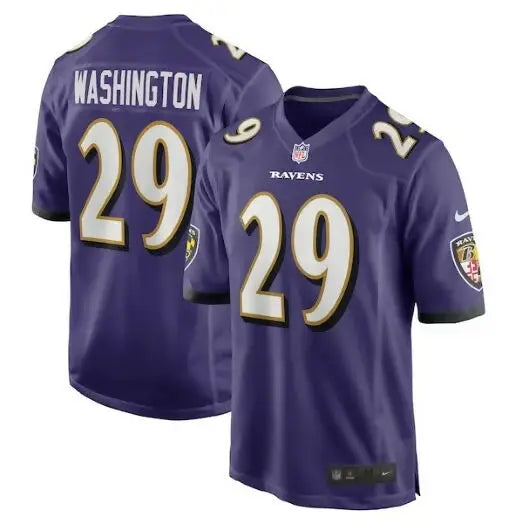 Purple Baltimore Ravens football jersey featuring Ar’Darius Washington Nike Player Game design