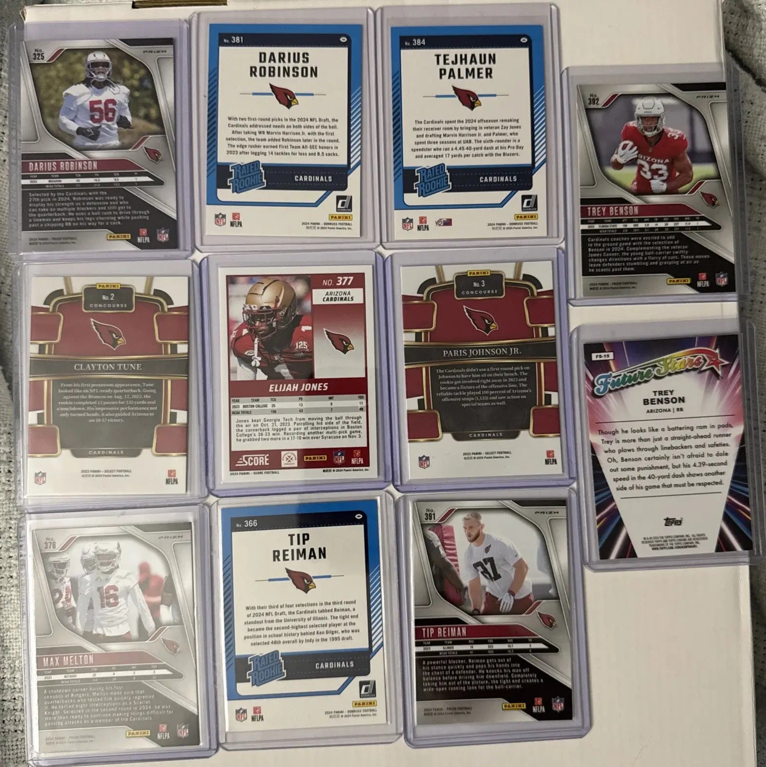 Arizona Cardinals cardinals RC lot featuring trading cards, inserts, and parallels