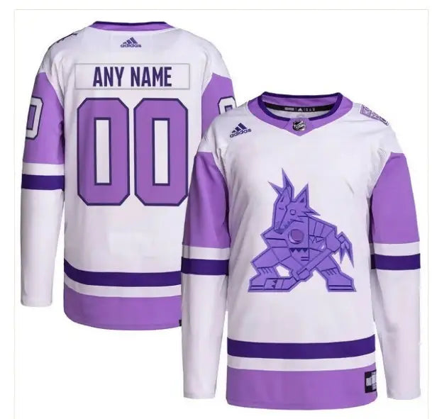 White and purple Arizona Coyotes Hockey Fights Cancer adidas Primegreen Jersey