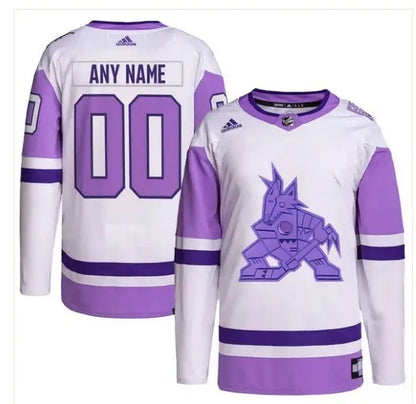 White and purple Arizona Coyotes Hockey Fights Cancer adidas Primegreen Jersey