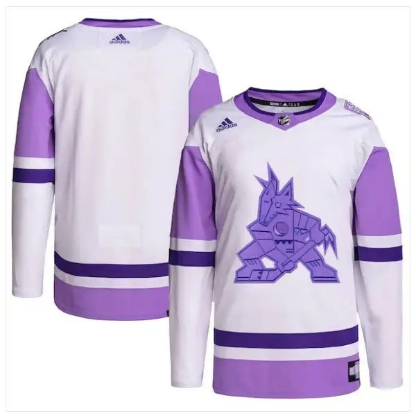 White and purple Arizona Coyotes adidas Hockey Fights Cancer Primegreen jersey for practice