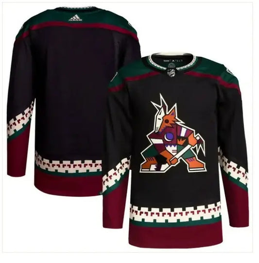 Arizona Coyotes black adidas men’s Primegreen authentic hockey jersey on display