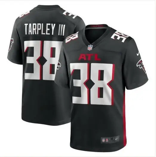 Black Atlanta Falcons football jersey displayed in the Arnold Tarpley III Nike Game Jersey