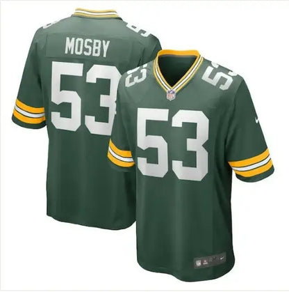 Dark green Arron Mosby Green Bay Packers Nike football jersey with white numbers and striped sleeves