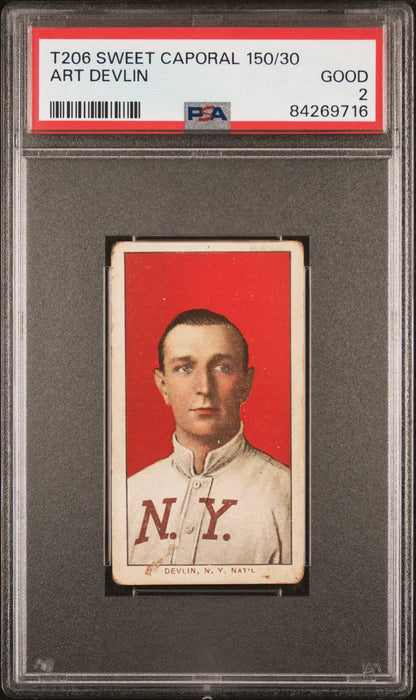 PSA-graded T206 Sweet Caporal featuring Art Devlin in white NY uniform on red background