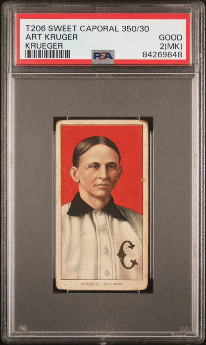 PSA-graded Art Kruger Krueger T206 Sweet Caporal baseball card with red background