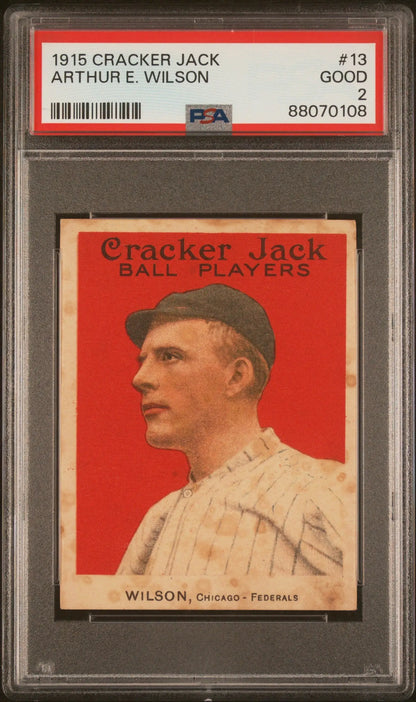 1915 Cracker Jack baseball card featuring Arthur E. Wilson in a white uniform