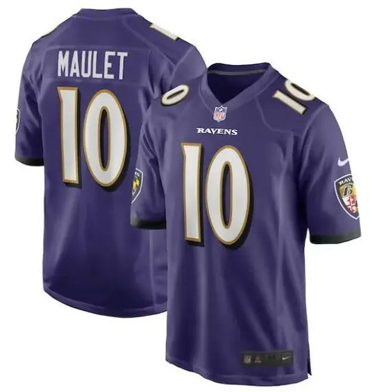 Purple Baltimore Ravens football jersey with number 10 and MAULET on the back