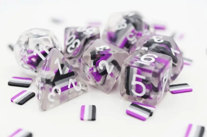 Asexual pride dice set with colors of the Asexual Flag for RPG gaming