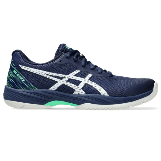 Navy blue ASICS Gel-Game 9 tennis shoe with white accents for men